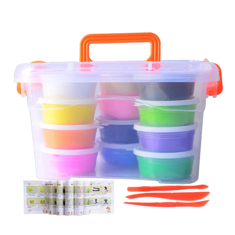 The 12/24/36 Colors Air Dry Fluffy Slime Modeling Clay Set Box Children Toys features a clear plastic box with an orange handle and latches, containing ten colorful modeling clay and Air Dry Slime containers, a folded instruction sheet, and three orange plastic tools.