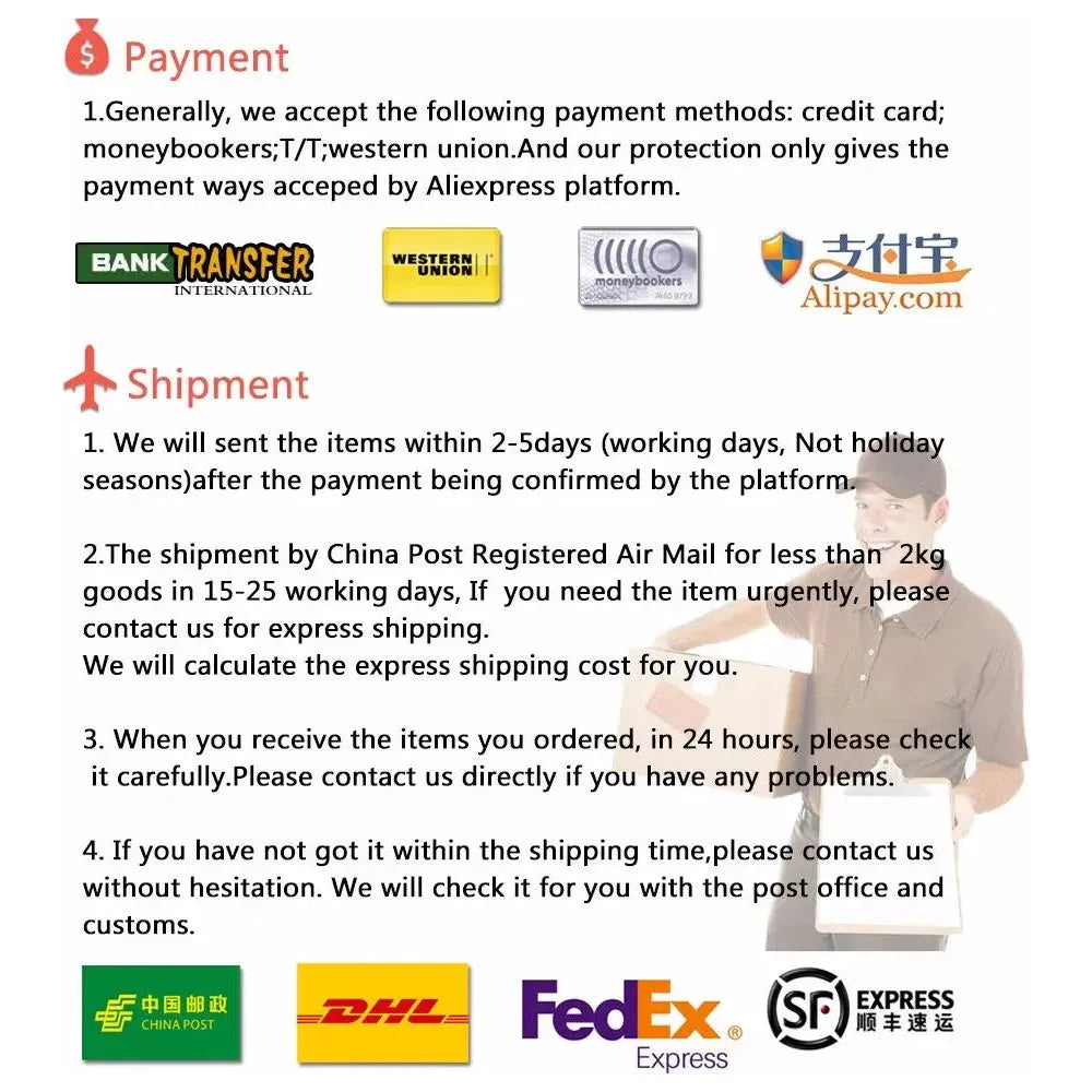 Discover our payment and shipment options with logos like Bank Transfer, Alipay, and DHL for the Koala Night Light Plush Toy: Musical Sensory Sleep Aid for Newborns. Choose credit/debit card payments or delivery via China Post or SF Express. Shipping details and contact info are highlighted for convenience.