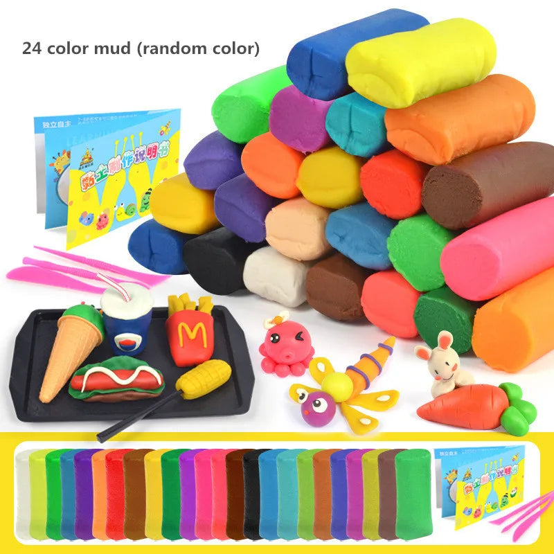 A pyramid of vibrant clay sticks showcases the 12colors Creative Kids Clay Toy Set. Below, there are clay animals, food, and flowers. The set includes a booklet and tools made from non-toxic materials.