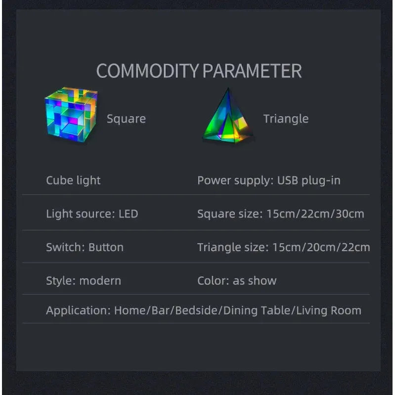 The Vibrant RGB LED Night Light features chic cube and triangle designs, USB power, and a button switch. Ideal for any space, its available in cube sizes (15cm/22cm/30cm) and triangle sizes (15cm/20cm/22cm), offering modern elegance and vibrant party fun.