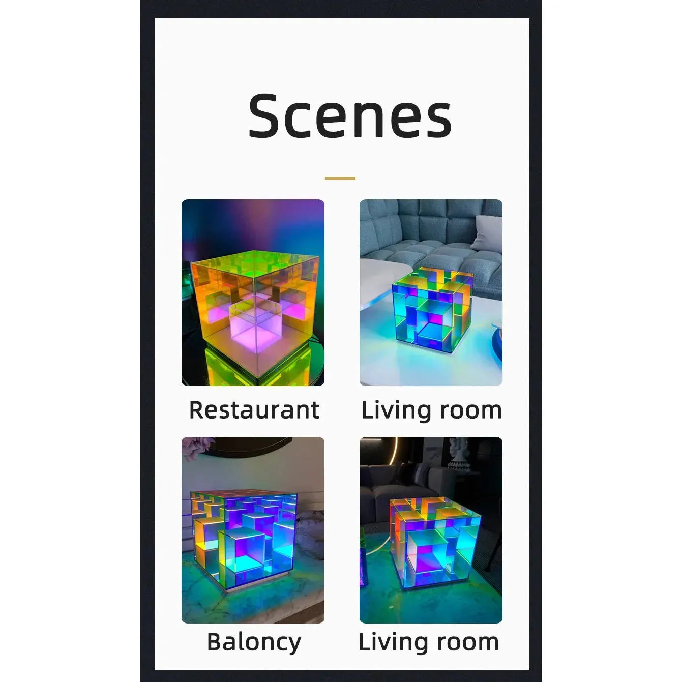 A collage of four images highlights the Vibrant RGB LED Night Light for Parties and Home Décor, featuring a colorful illuminated cube in Restaurant, Living room, Balcony, and another Living room scene, each with vibrant multicolored light patterns.