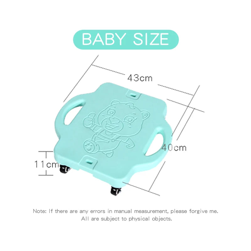 Teal, bear-designed Kids Sensory Balance Board with two armholes and four wheels. Ideal for developing motor skills, it measures 43 cm (W) x 40 cm (D) x 11 cm (H). Please note potential measurement errors at the bottom.