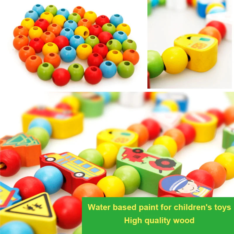 The Wooden Beaded Toys set features colorful wooden blocks, beads shaped like vehicles and signs with bright illustrations. Made from high-quality wood and safe materials with water-based paint, it provides educational value through a mix of round and shaped blocks for early education.