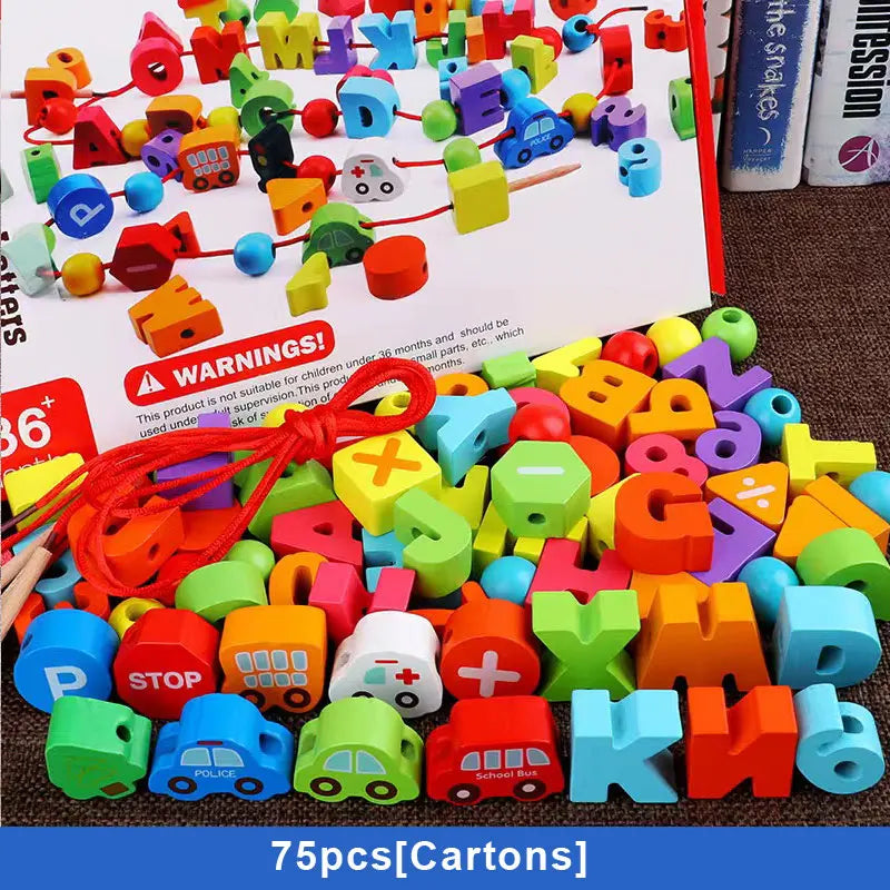 A 75-piece set of colorful wooden beaded toys, including alphabet and vehicle-shaped blocks such as letters, cars, buses, and traffic signs, lies scattered. A similar design box with a red string is in the background, showcasing the educational value of early education play for children.