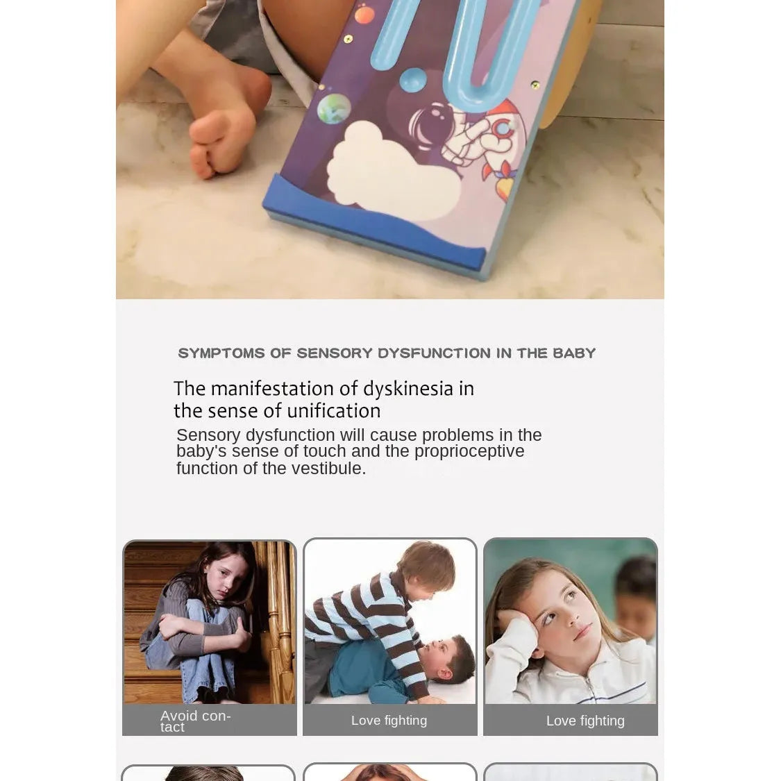 A baby plays with the Kids Wooden Balance Board on the floor for sensory training. Below, three images show a child avoiding contact, another involved in play fighting for physical activity, and one holding their head in distress, symbolizing sensory dysfunction symptoms.