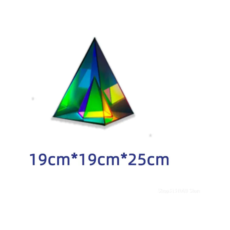 The Vibrant RGB LED Night Light for Parties and Home Décor is a colorful, transparent pyramid with a prism effect, reflecting various colors and enhanced by dynamic RGB lighting. Dimensions are 19cm by 19cm by 25cm, made to look like glass or crystal.