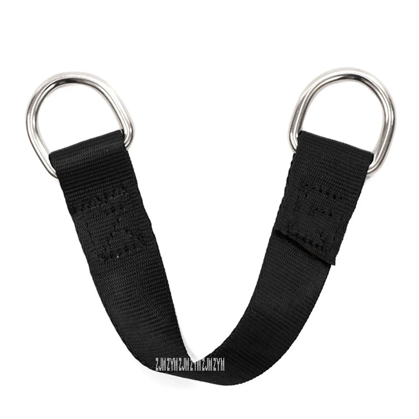 A versatile black nylon strap with two metal D-rings, designed for outdoor adventure rope swings, complements the robust texture of the Outdoor Adventure Climbing Ropes for Kids PE Disc Swing Set.