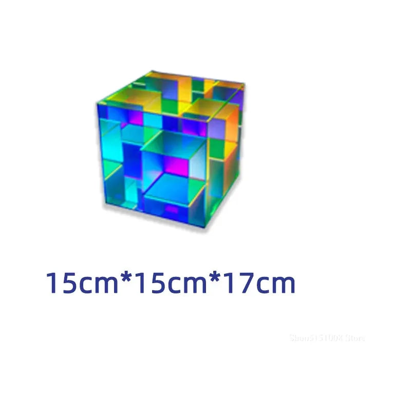 The Vibrant RGB LED Night Light is a colorful, transparent cube with mosaic-like designs in blue, green, pink, and yellow. It features dynamic RGB lighting to enhance its charm. The cubes dimensions are marked 15cm x 15cm x 17cm on a white background.