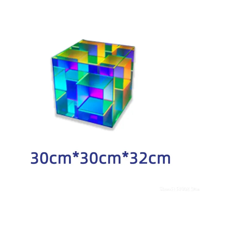 A colorful, semi-transparent, geometric-patterned cube with Dynamic RGB Lighting measures 30cm x 30cm x 32cm and is displayed on a plain white background. Suitable as the Vibrant RGB LED Night Light for parties and home décor, its a versatile table lamp for any occasion.
