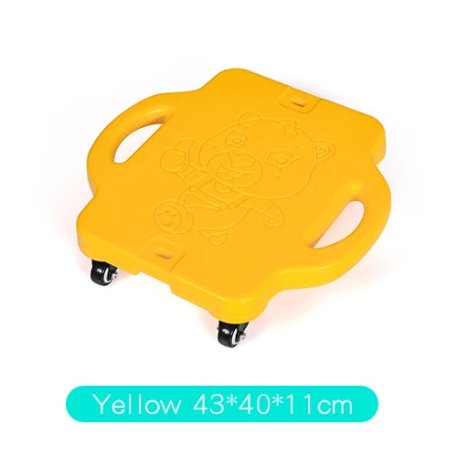 Enjoy indoor play with the yellow Kids Sensory Balance Board, a four-wheeled skateboard for motor skill development and fun. Featuring two handles and a cartoon character on top, it measures 43x40x11 cm, offering an engaging sensory training experience.