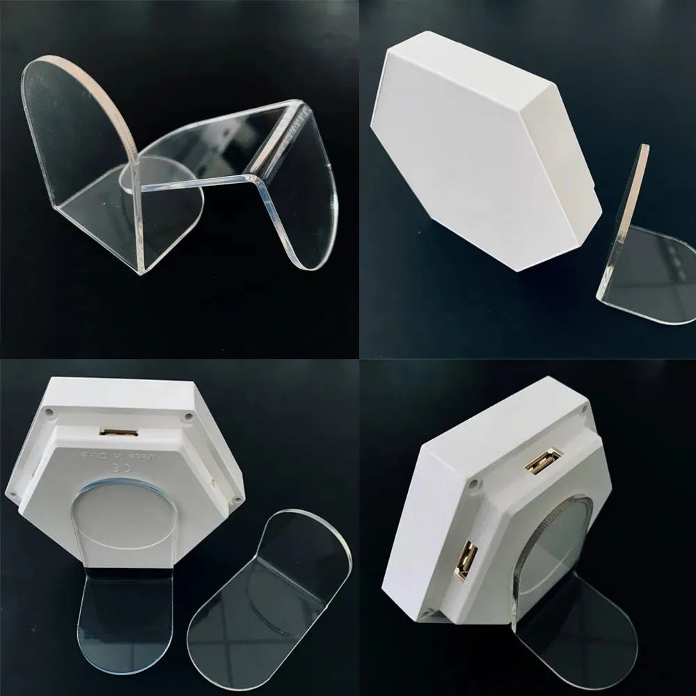 Four images show the Hexagonal LED Modular Night Light Panels for Sensory Rooms—a white, hexagonal lamp with a USB port and detachable curved piece, viewed from various angles against a black background.