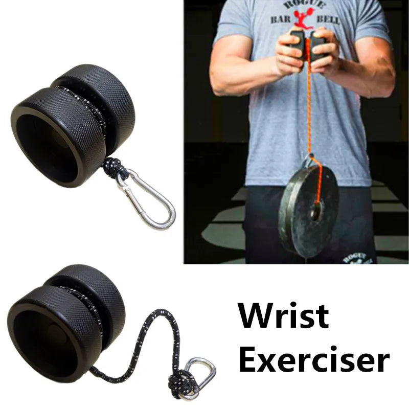 A man uses the Finger Grip and Forearm Strength Trainer - Anti-Slip Wrist Impact Tool to lift a weight with a rope and carabiner. Two black grip handles, perfect for finger training, appear separately on the left. The text Wrist Exerciser is displayed in the bottom right corner.