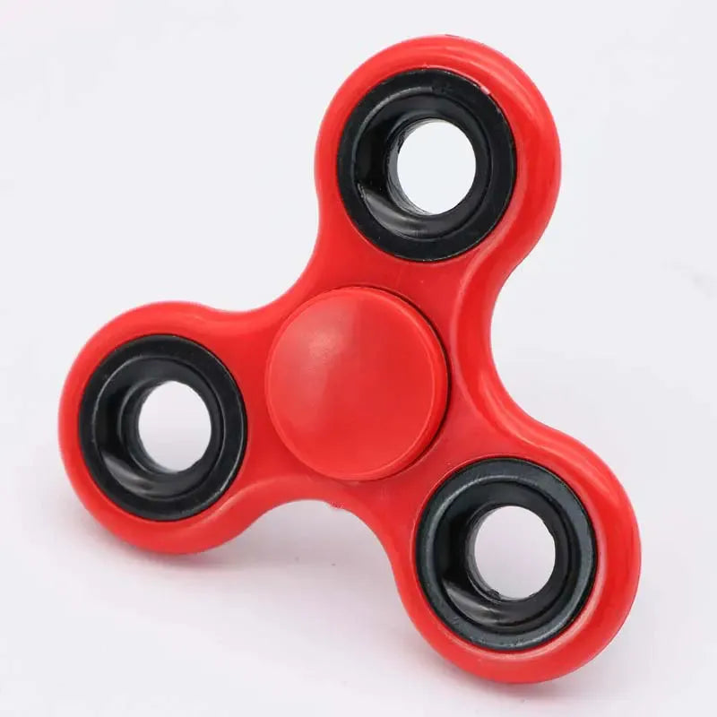 The Premium ABS Tri-Spinner Fidget Toy, ideal for stress relief and perfect for autism and ADHD, showcases three rounded, red arms each featuring a black circular bearing, all elegantly set against a white background.