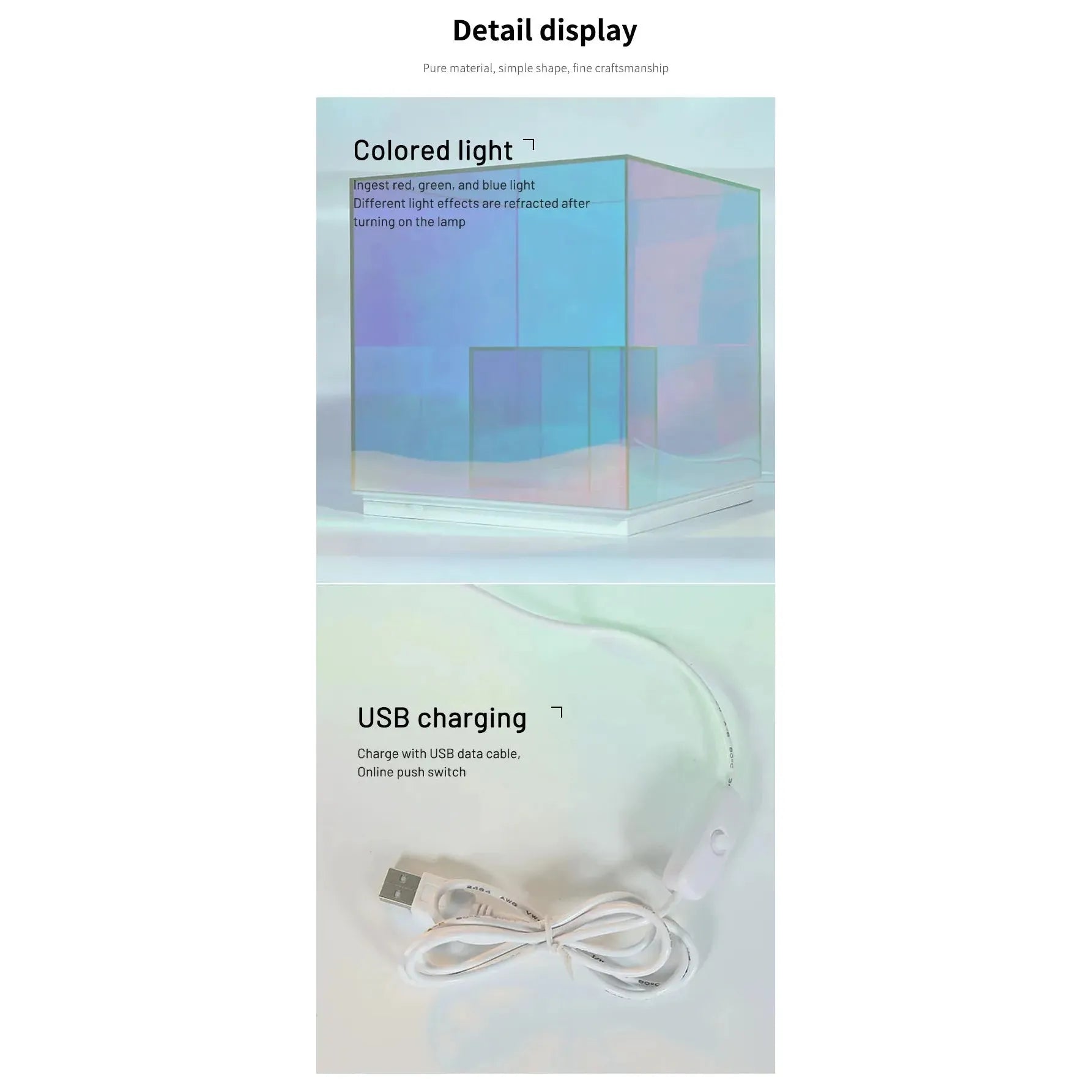 An image promoting the Vibrant RGB LED Night Light for Parties and Home Décor, showcasing its dynamic color-changing RGB lighting with a prismatic effect. The top section highlights vibrant light refraction, while the bottom displays a white USB cable for stunning LED decoration in any setting.