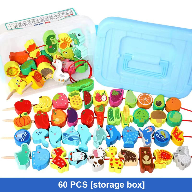 A 60pcs Box of Wooden Beaded Toys features vibrant beads in fruit, vegetable, animal, and car shapes with a string for threading play. It includes safe materials and offers educational value, displayed in front of a blue storage box.