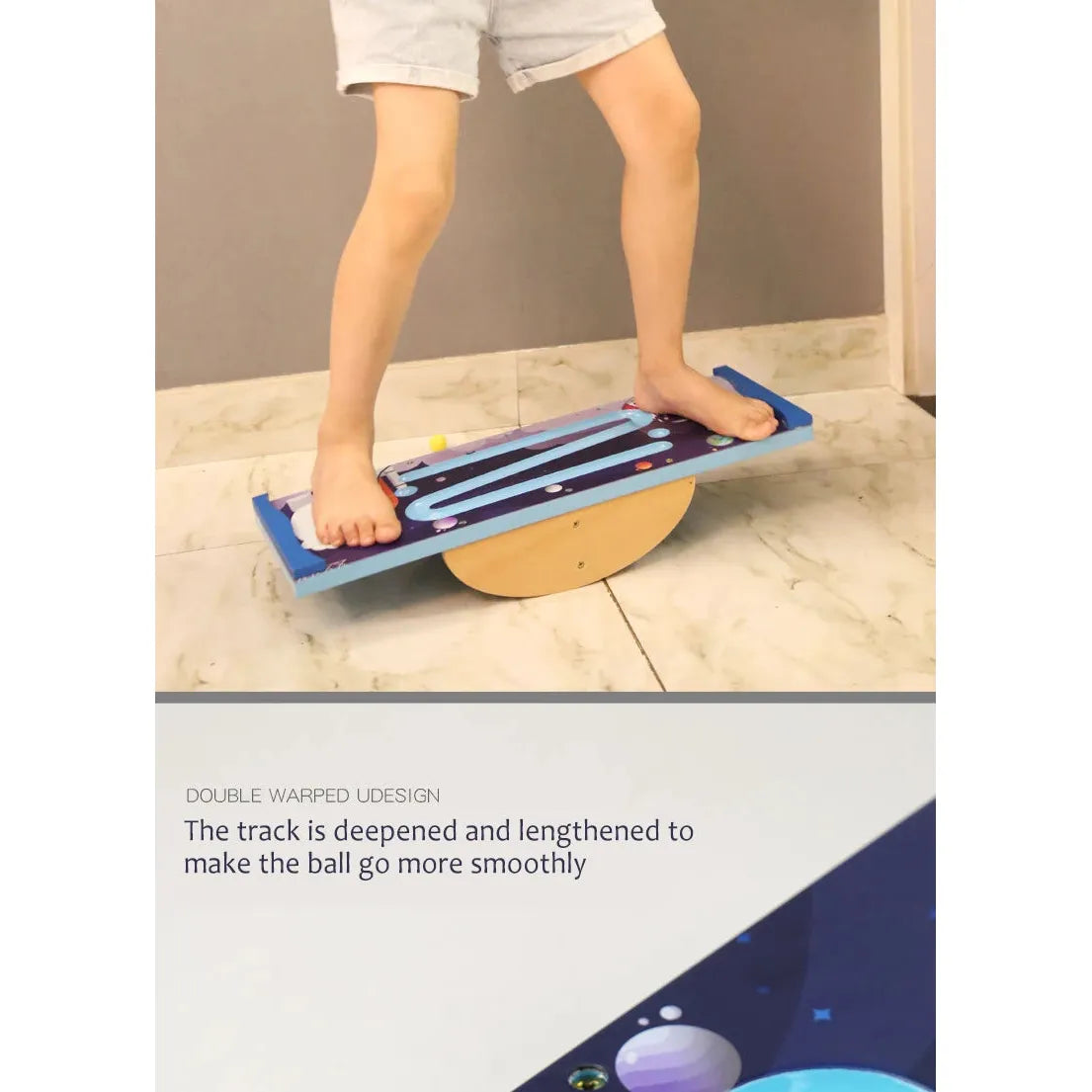 A child skillfully balances on the Kids Wooden Balance Board, featuring a blue ball track design that enhances physical activity on the marble floor. DOUBLE WARPED DESIGN: Deepened and lengthened track for smoother ball movement, ideal for sensory training.