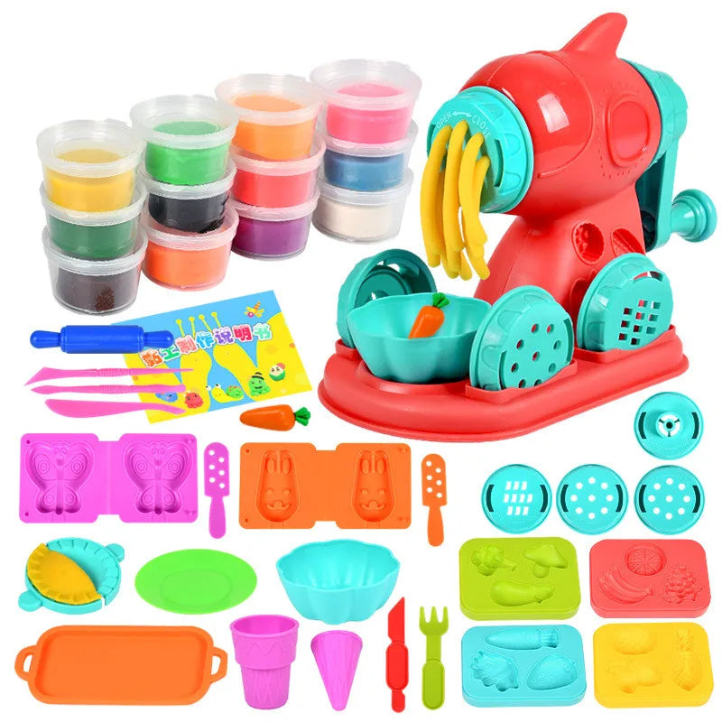 The 12colors Creative Kids Clay Toy Set includes a red and teal toy machine, various shape molds, utensils, clay in 12 vibrant colors, animal shapes, a carrot mold, and an instruction sheet—all crafted from non-toxic materials for safe play.