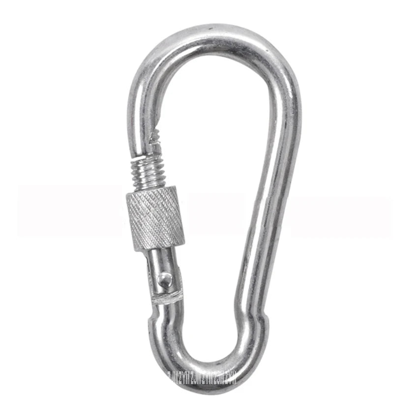 A metal carabiner with a screw lock is shown against a white background, indicating its possibly steel. Ideal for attaching to the Outdoor Adventure Climbing Ropes for Kids - Versatile PE Disc Swing Set, it promotes physical development through playful activities.