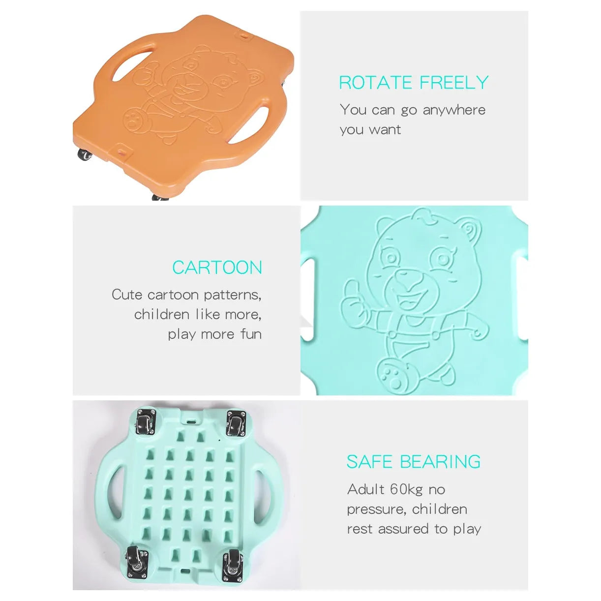 The Kids Sensory Balance Board is a four-wheeled skateboard with orange and teal cartoon designs, featuring 360-degree rotation and a cute bear with a bow tie. It safely supports up to 60kg, making it ideal for enhancing motor skills through fun play.