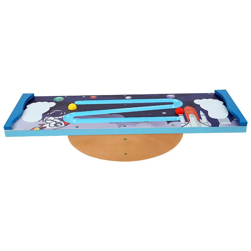 The Kids Wooden Balance Board, featuring space-themed maze tracks with red and yellow balls, doubles as a sensory tool. This circular base board promotes physical activity through an engaging, interactive challenge for children.
