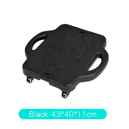 The Kids Sensory Balance Board is a black, four-wheeled skateboard with handles and embossed cartoon animals. Its compact 43x40x11 cm design is perfect for sensory training and motor skill development in children.