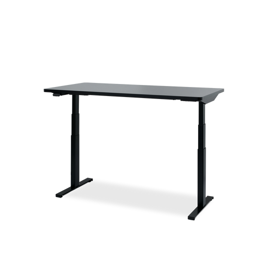 The Hexcal Elevate Standing Desk in black features an ergonomic, height-adjustable rectangular tabletop with sturdy metal legs, displayed against a plain white background.