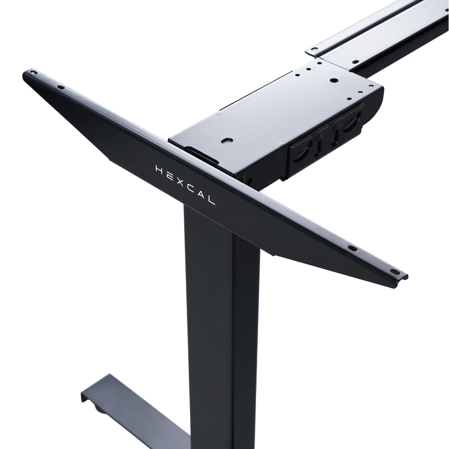 A close-up of the Hexcal Elevate Standing Desk in black highlights its sturdy legs and connecting support structure against a plain white background.