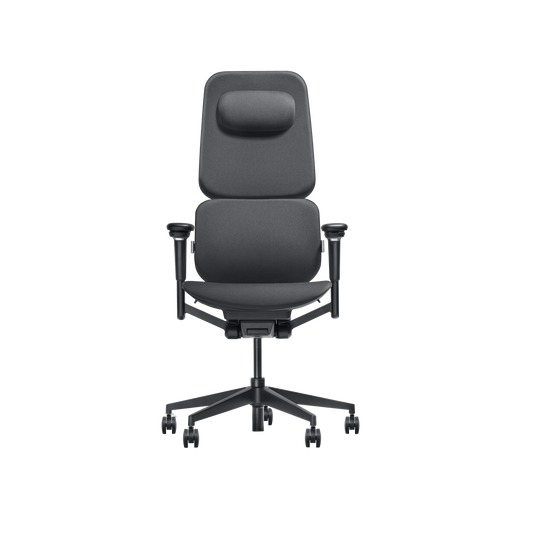 The Hexcal Inspire Chair is a modern ergonomic office chair with a high back, adjustable headrest and armrests, five-wheel base, and dark gray fabric upholstery—combining style and comfort for your workspace.
