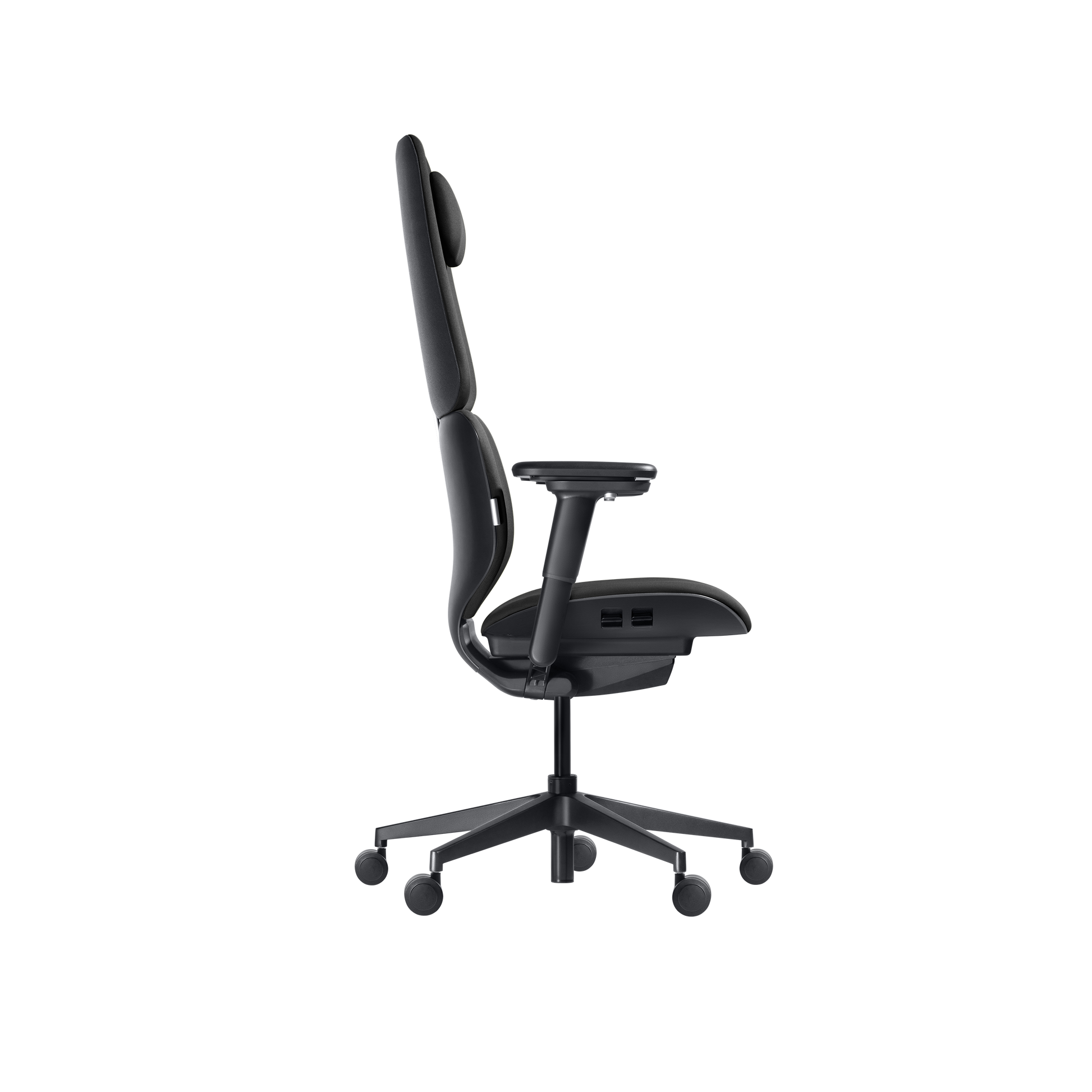 Side view of the Hexcal Inspire Chair, a sleek black ergonomic chair featuring adjustable armrests, headrest, and a five-wheel base, shown against a plain white background.