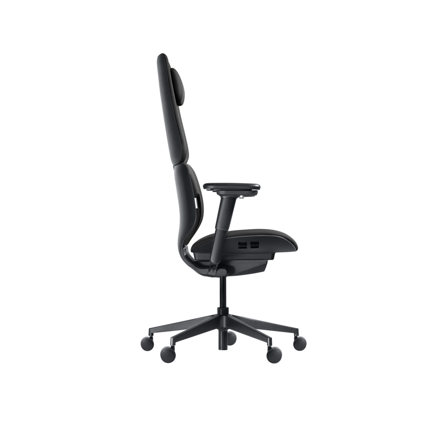 Side view of the Hexcal Inspire Chair, a sleek black ergonomic chair featuring adjustable armrests, headrest, and a five-wheel base, shown against a plain white background.