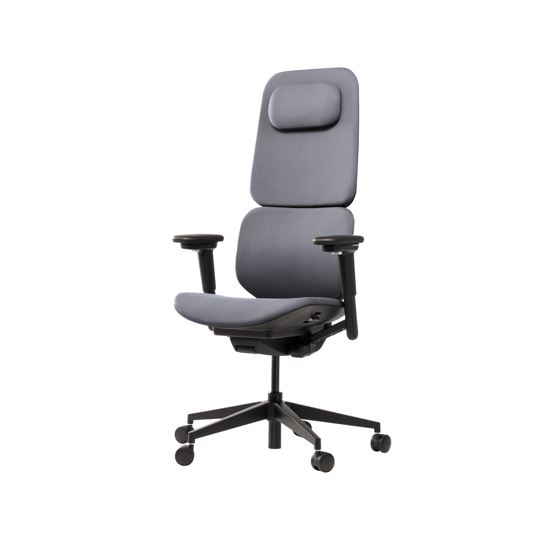 The Hexcal Inspire Chair is a modern ergonomic office chair with a high backrest, adjustable headrest and armrests, padded seat, five-wheel black base, and luxurious gray fabric upholstery.