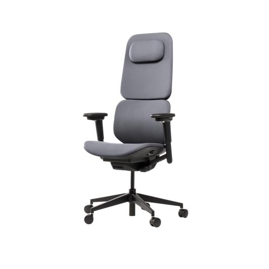 The Hexcal Inspire Chair is a modern ergonomic office chair with a high backrest, adjustable headrest and armrests, padded seat, five-wheel black base, and luxurious gray fabric upholstery.