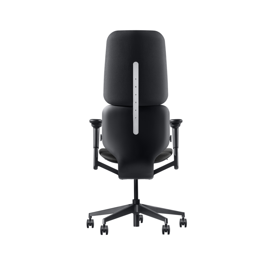 The Hexcal Inspire Chair is a modern black ergonomic office chair with adjustable armrests, five rolling caster wheels, and a tall contoured backrest featuring a vertical silver accent strip for added style and comfort.