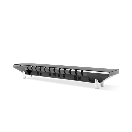 The Hexcal Studio™ is a sleek black power strip with multiple outlets and angled silver legs, designed for efficient cable management and perfect for any workstation, set against a plain white background.