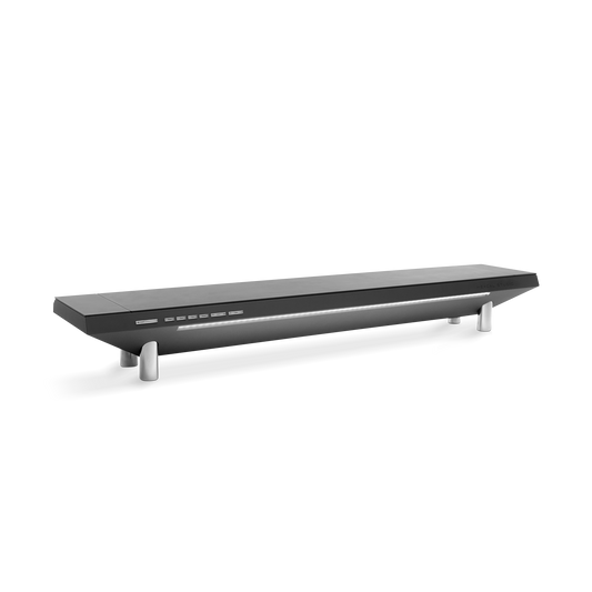 The Hexcal Studio™ is a sleek, modern black soundbar with silver legs, front panel buttons and ports—ideal for cable management on your workstation organizer, shown on a white background.
