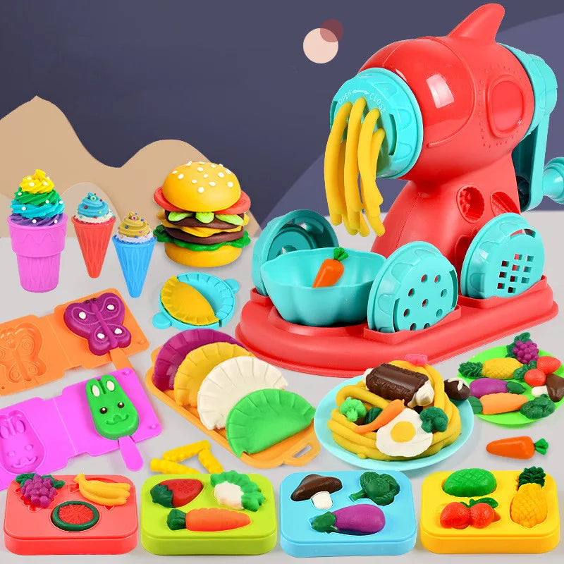 Explore the Creative Kids Clay Toy Set, featuring 12 vibrant colors of non-toxic plasticine and a red and turquoise pasta-making machine. Includes plastic molds, food items like hamburgers and ice cream, ensuring creative play for little hands.