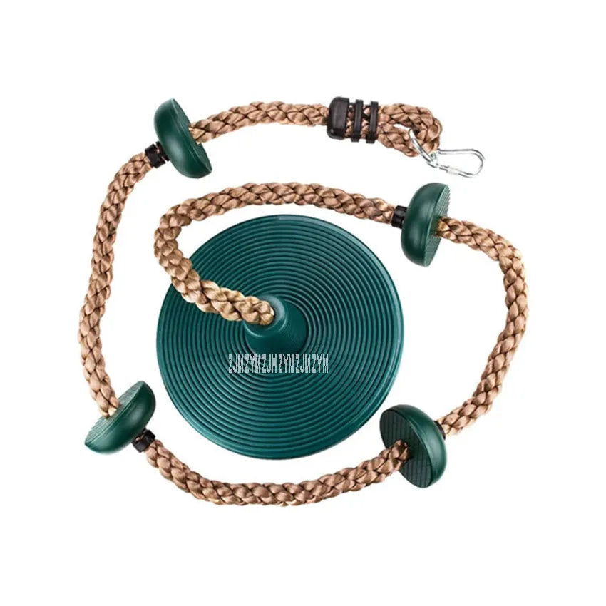The Outdoor Adventure Climbing Ropes for Kids is a versatile PE disc swing set for sensory play and physical training, featuring a green seat with circular grooves, braided rope, attached plastic grips, climbing ropes looped in a circle, and an easy-hang metal clip. Ideal for outdoor fun!.