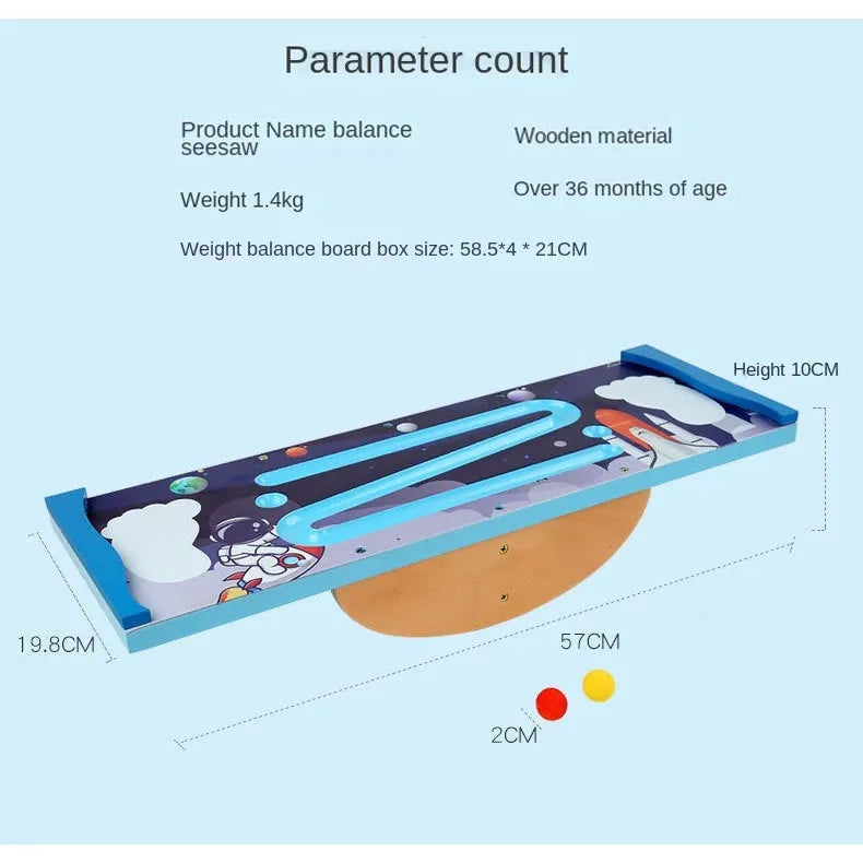 The Kids Wooden Balance Board is ideal for sensory training and physical activity. It features a curved rectangular board with vibrant graphics, channels for rolling balls, dimensions and specs labeled, suitable for ages over 36 months, and weighs 1.4 kg. Perfect for indoor fitness and interactive play.