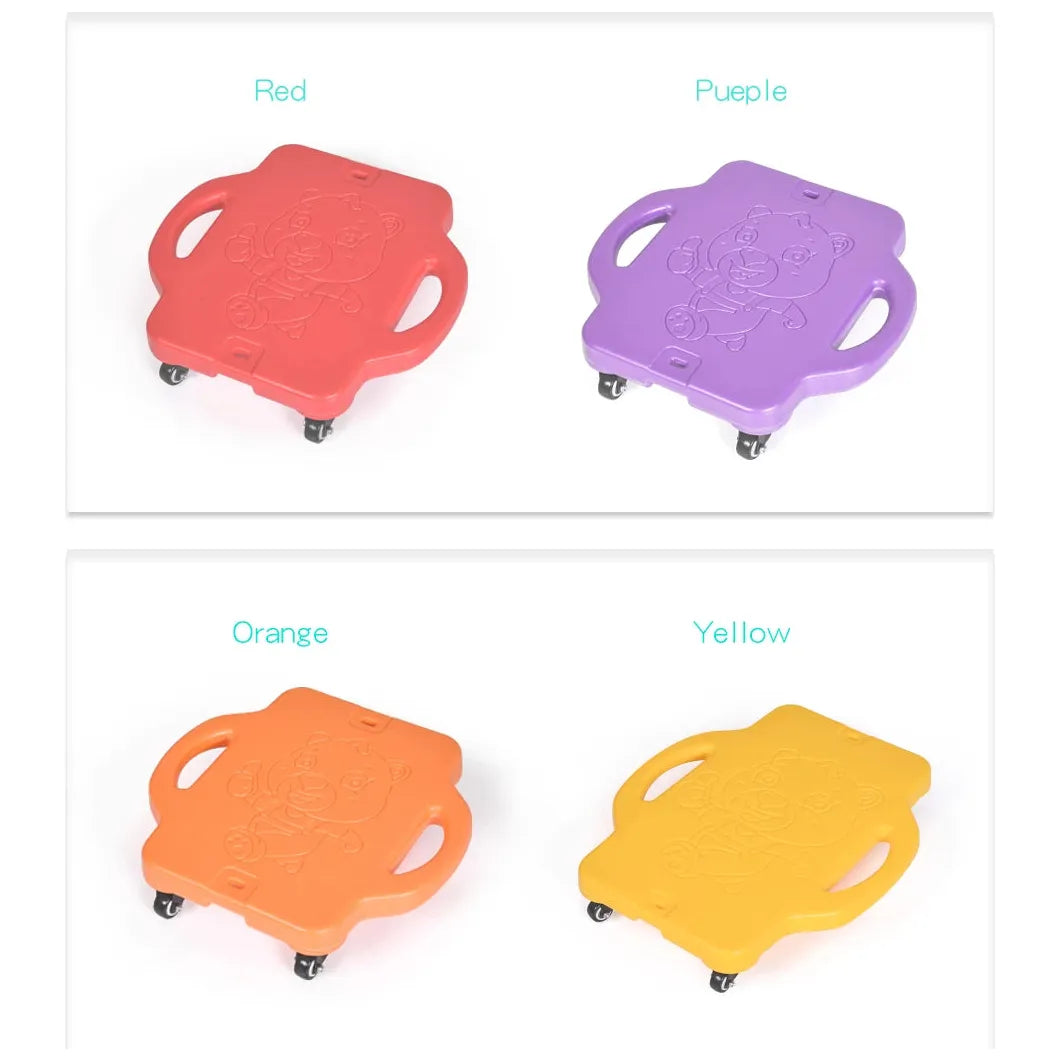 The image features Kids Sensory Balance Boards in red, purple, orange, and yellow, each with handles and wheels. These playful boards enhance motor skill development while providing fun play for children.