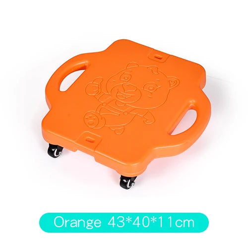The Kids Sensory Balance Board is an orange, four-wheeled platform with rounded corners and a cartoon character design, perfect for enhancing motor skills. It features two handles for easy carrying and measures 43x40x11 cm.