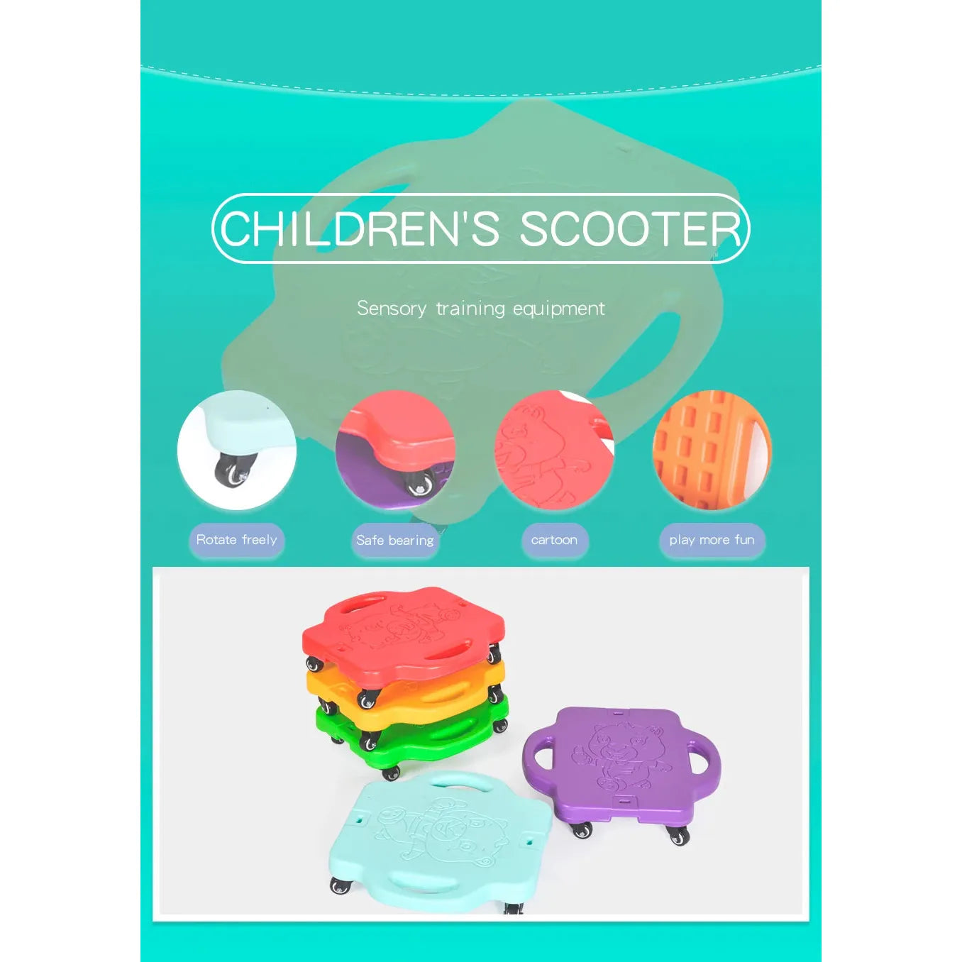A stack of vibrant four-wheeled skateboards for children features free rotation, cartoon designs, and safe bearings. Text reads Kids Sensory Balance Board: Perfect for Motor Skill Development on a turquoise background—ideal for playful fun and enhancing sensory skills.