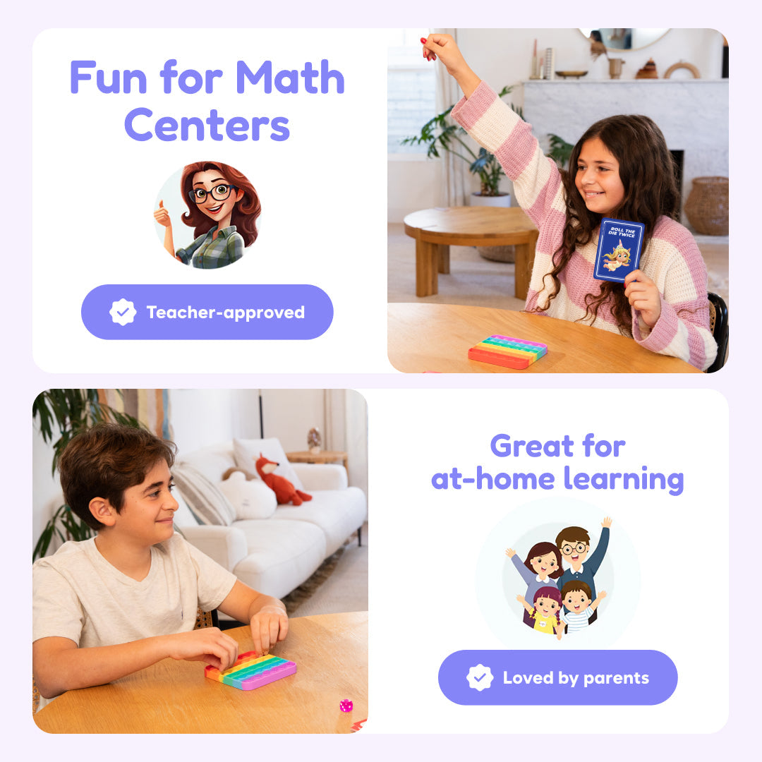 A girl uses a Math Card Pack Bundle (Multiplication + Division) at a table, while a boy plays with a colorful sensory toy, accompanied by text promoting math practice for school and home.