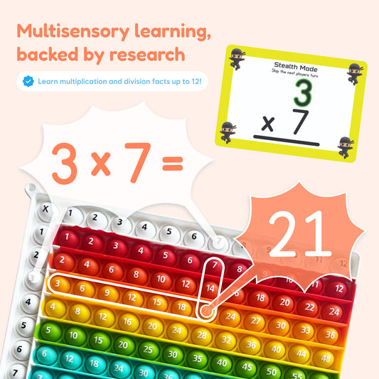 A Multiplication & Division Fidget Mat featuring a numbered silicone bubble grid, showing the equation 3 times 7 equals 21 highlighted with a bubble popper and a matching card.