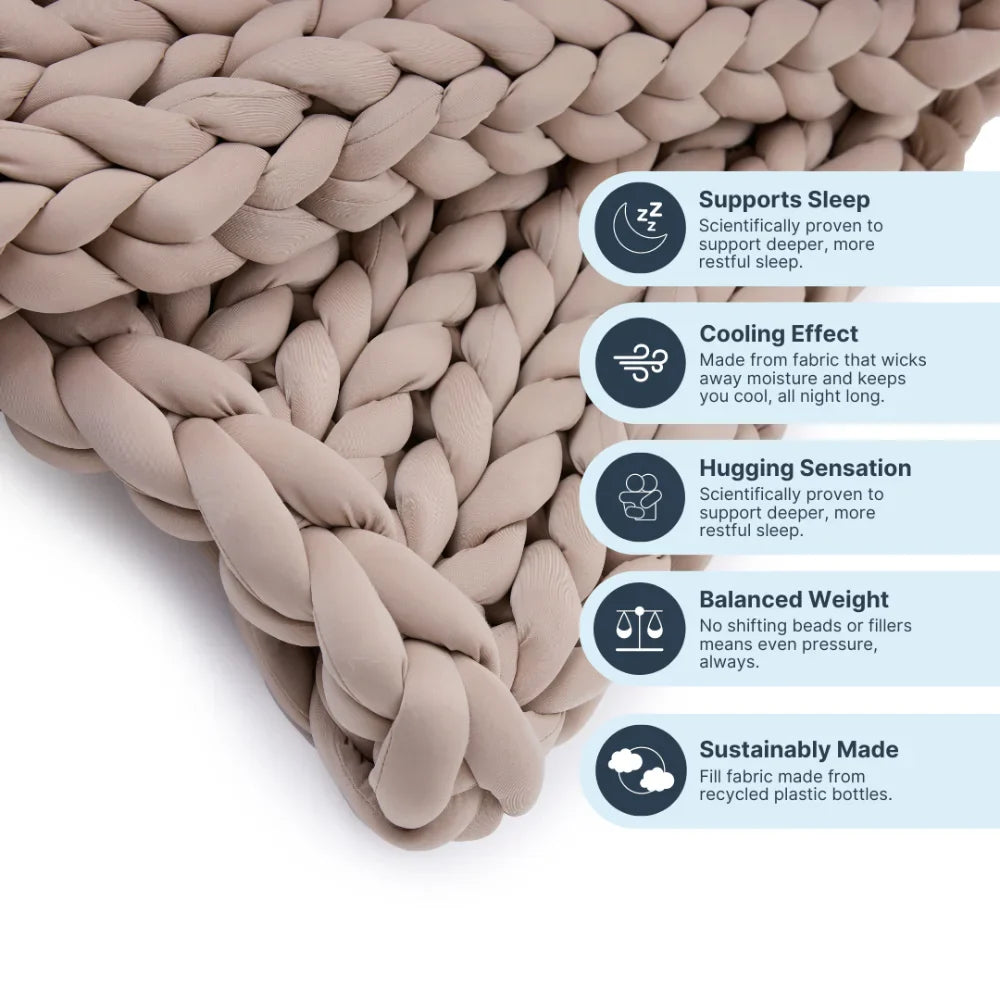 Close-up of a thick, taupe Ice Knit Weighted Blanket corner with icons and text showing its benefits: supports sleep, cooling effect, hugging sensation, balanced weight, and made sustainably from recycled plastic bottles.