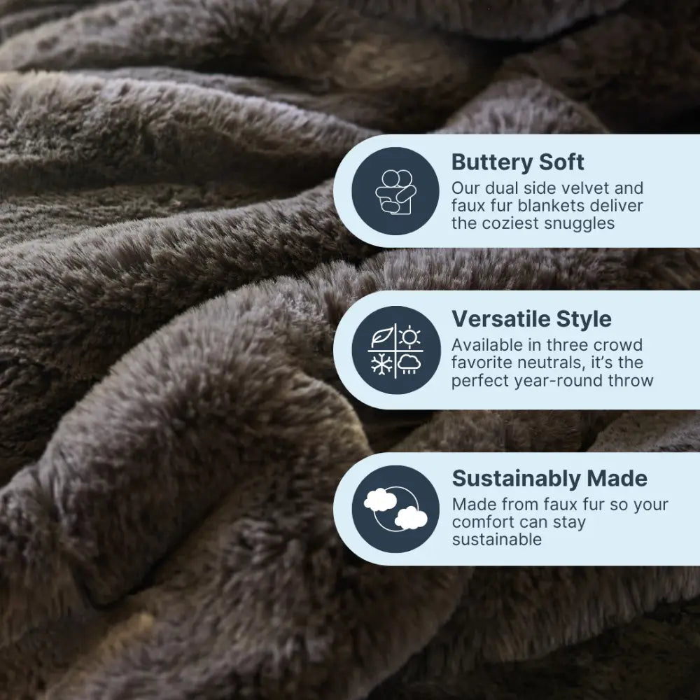A close-up of the Snuggle Luxe Blanket in soft, dark gray with icons showing it’s buttery soft, style-versatile, and made from sustainable faux fur. Enjoy plush, cozy comfort with this luxurious blanket.