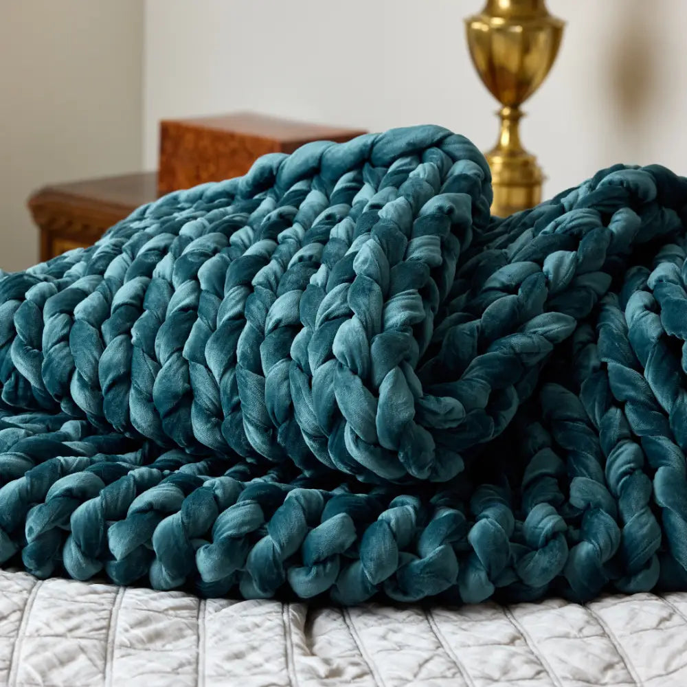 A plush Velvet Weighted Blanket in teal rests on a white quilted bedspread, bringing cozy comfort to the room, with a brass lamp and wooden furniture visible in the background.
