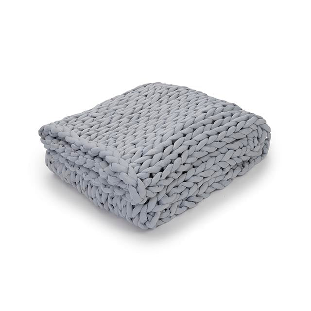 A neatly folded Knit Weighted Blanket in Misty Grey, featuring chunky braided strands, is displayed against a plain white background.