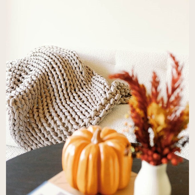 A cozy scene with a Knit Weighted Blanket draped over a white sofa. In the foreground, a ceramic pumpkin and a vase of autumn-hued dried flowers rest on a table.