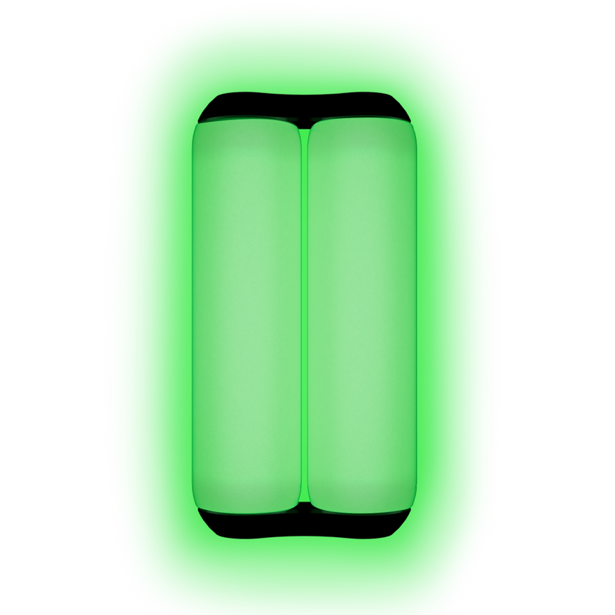 Two Glow In The Dark ONO Roller Soft Touch Plastic items are placed side by side against a bright green background, resembling a silent roller fidget toy perfect for stress relief.