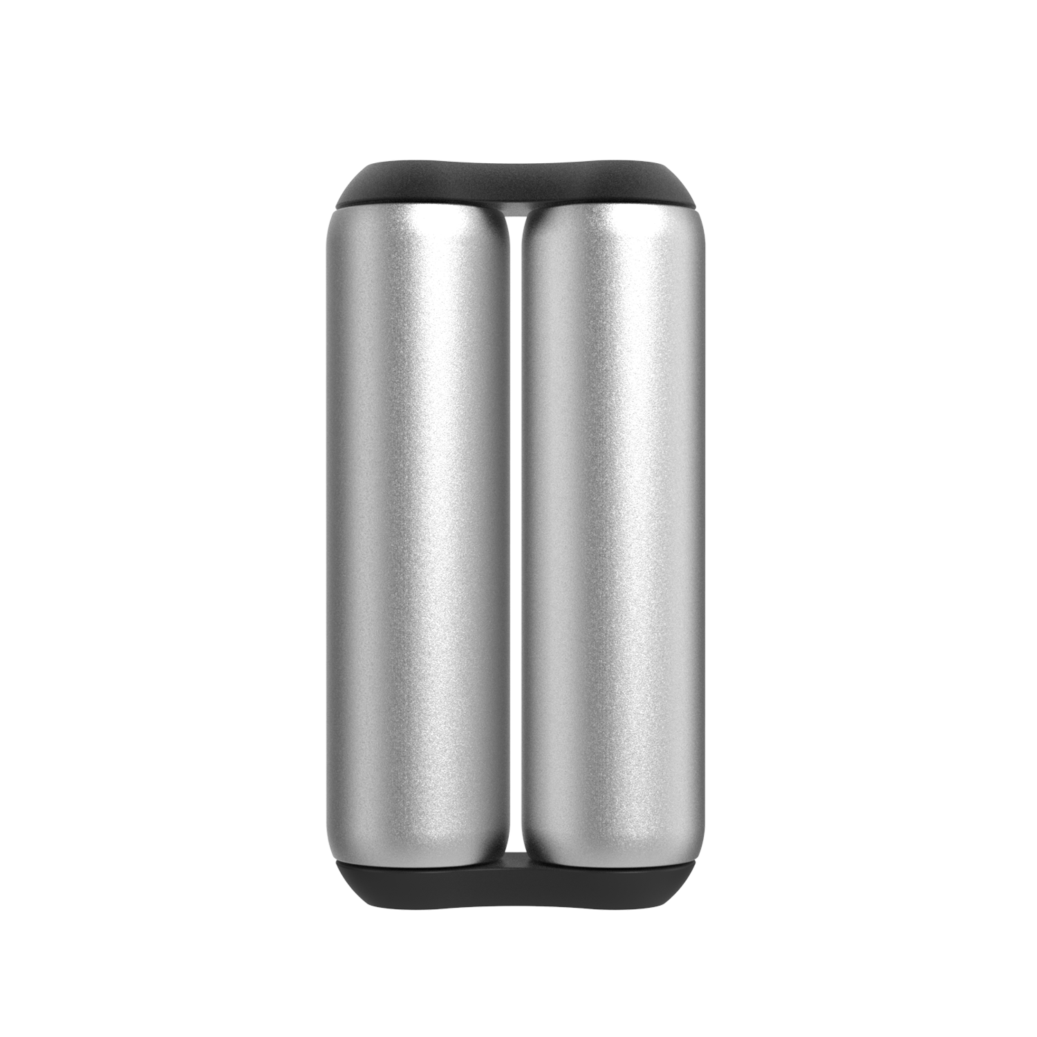 A pair of ONO Roller Aluminum fidget toys in silver stand upright side by side with black end caps, isolated on a white background. Their sleek cylindrical design is ideal for fidgeting hands.